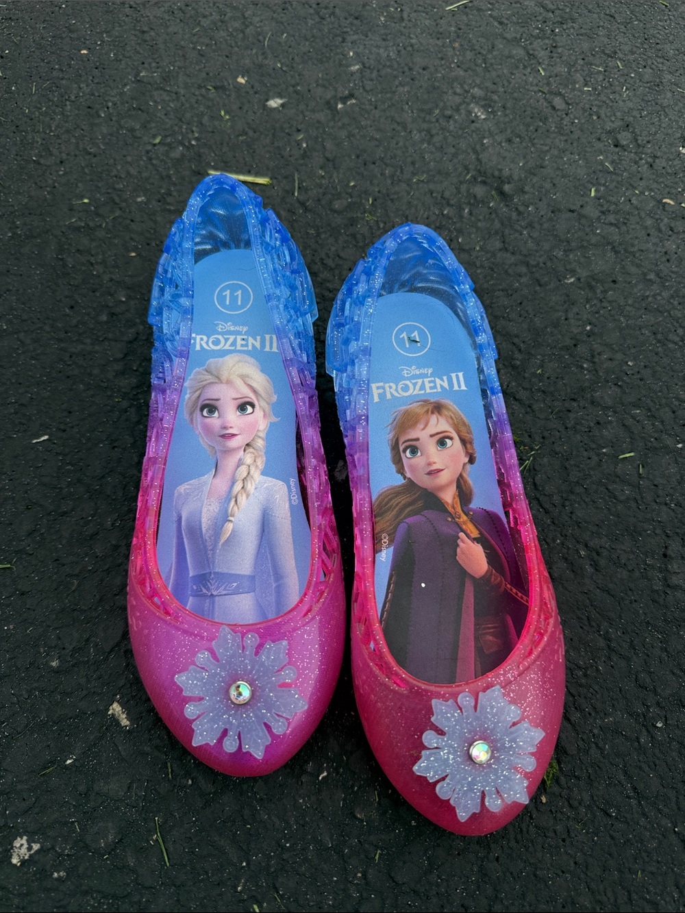 Disney Frozen II Girls Pink and Blue Jelly Heels with Elsa & Anna, size 11